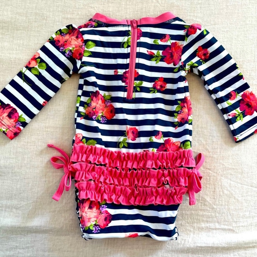 Ruffle Butts baby girl swimsuit, one piece, long sleeve, stripe floral rashguard